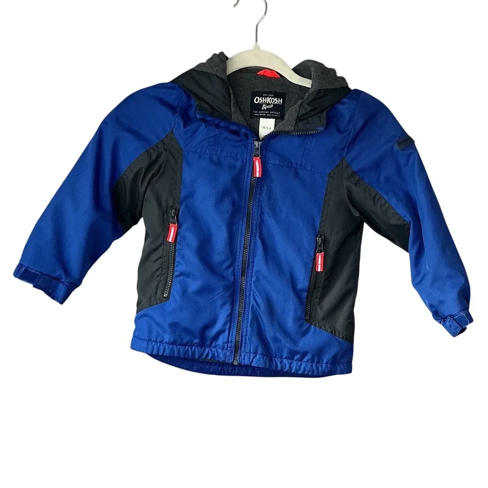OshKosh Bgosh Boys Blue Grey Fleece Lined Hooded Windbreaker Jacket Size 5-6
